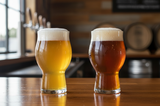 IPA vs Pale Ale - Comparación visual de cerveza Pale Ale dorada y cerveza IPA ámbar en copas | Guía Cervezología