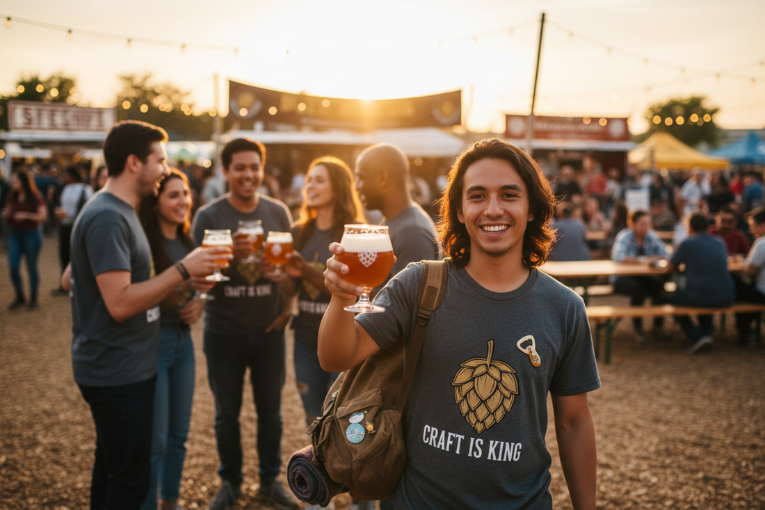 Qué llevar a un festival de cerveza - Personas disfrutando con camisetas cerveceras y outfit perfecto para festivales | Guía Cervezología