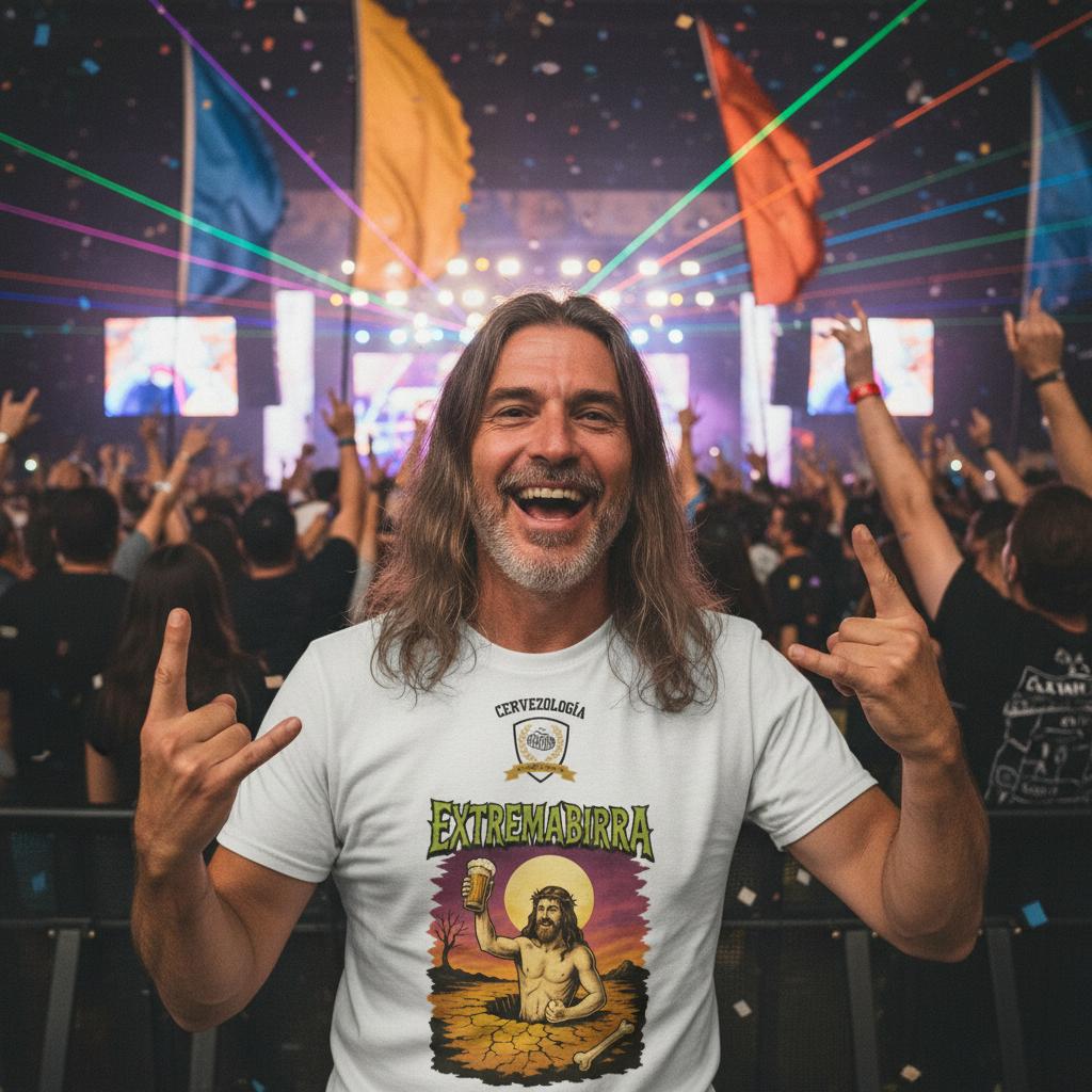 Camiseta blanca con estampado “Extremabirra” en el pecho, en un ambiente festivo