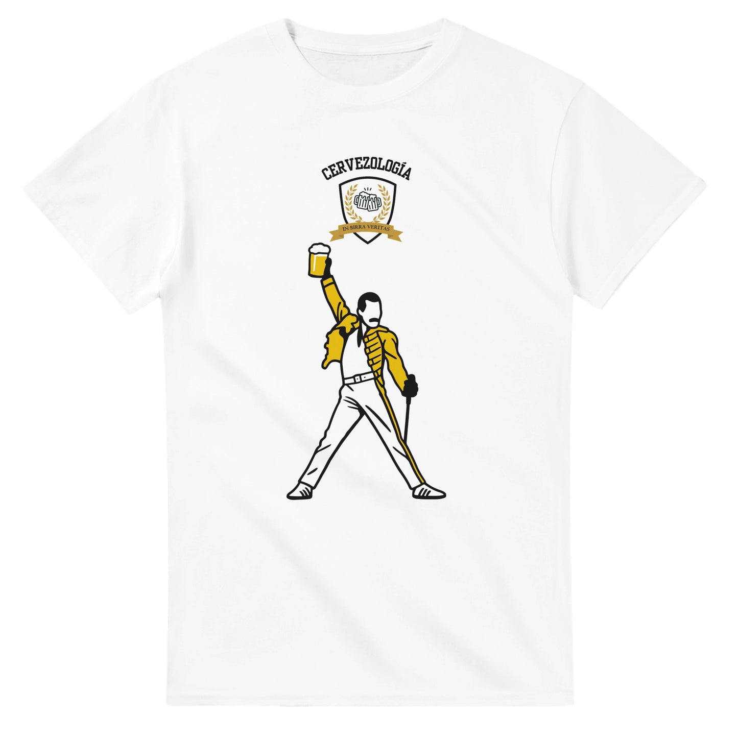 Camiseta blanca con gráfico Beer & Rock y personaje con botella de cerveza