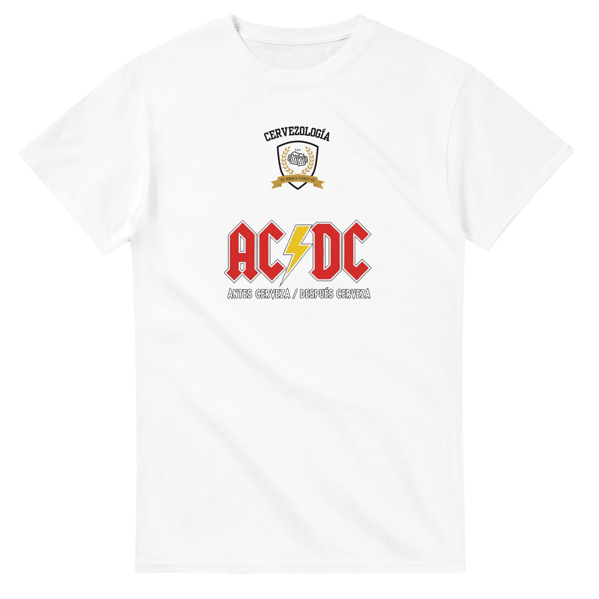 Camiseta blanca AC/DC con estampado rojo y dorado en el pecho
