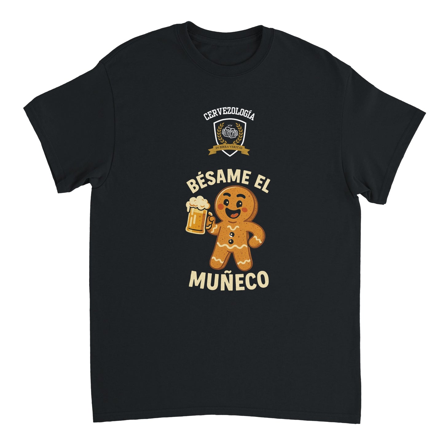 Camiseta negra con estampado frontal: personaje sonriente con cerveza y texto