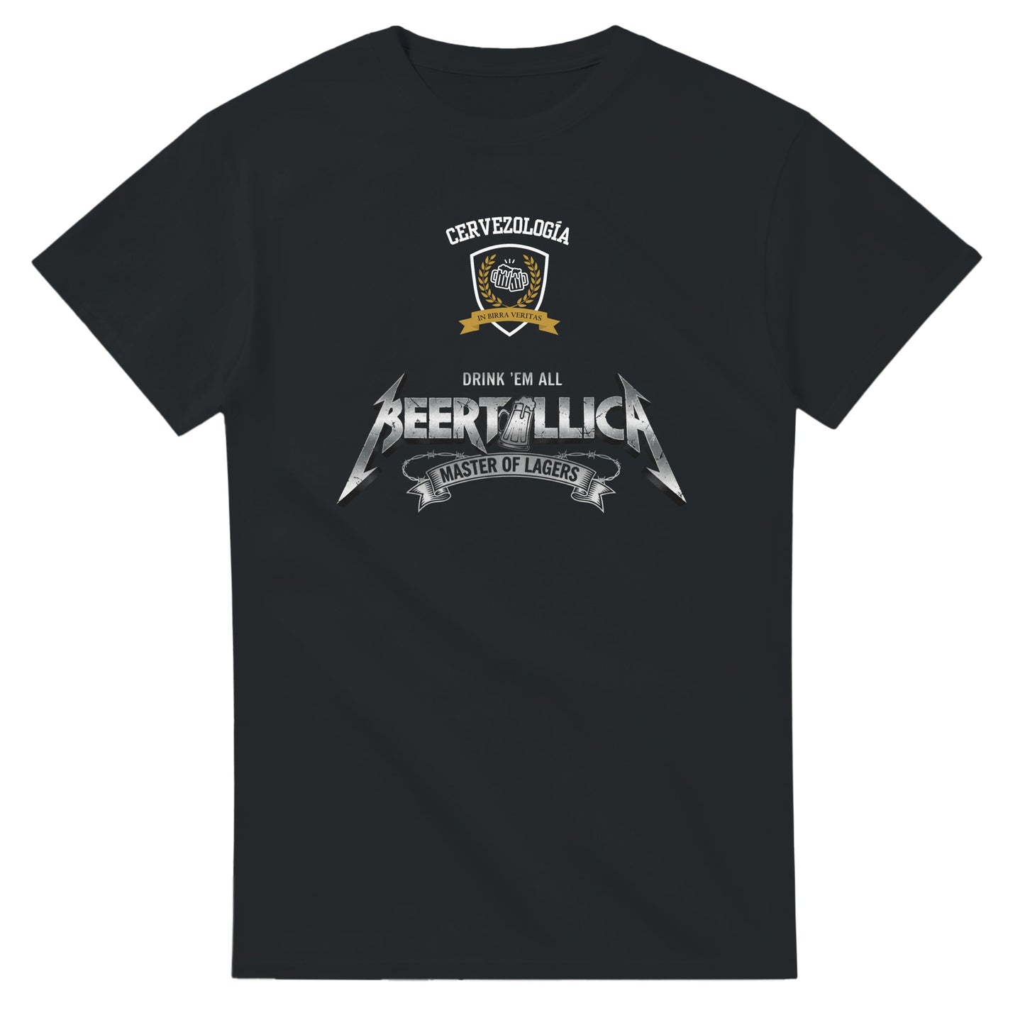 Camiseta negra de manga corta con estampado Beertallica en el pecho.