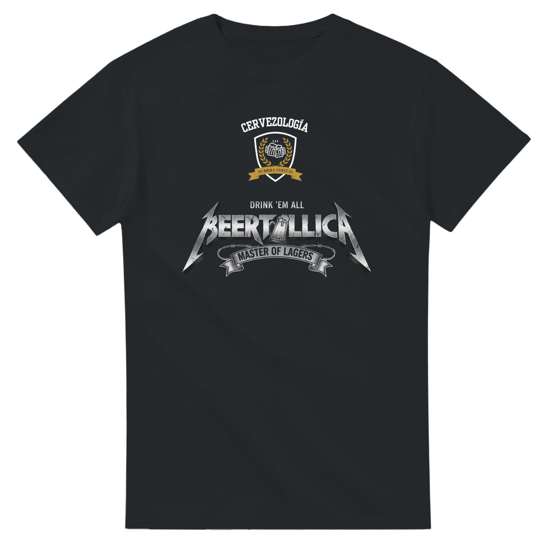 Camiseta negra de manga corta con estampado Beertallica en el pecho.