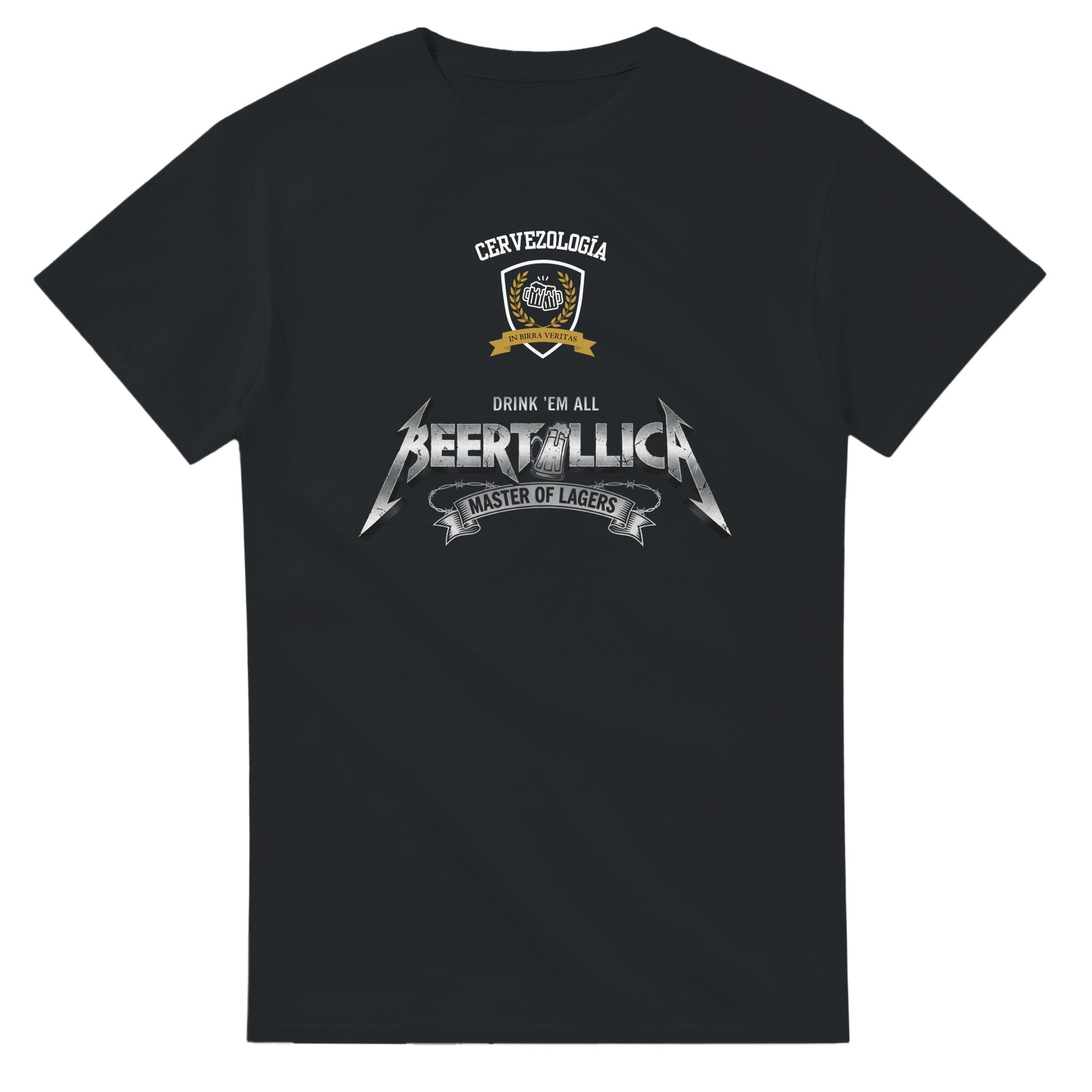 Camiseta negra de manga corta con estampado Beertallica en el pecho.
