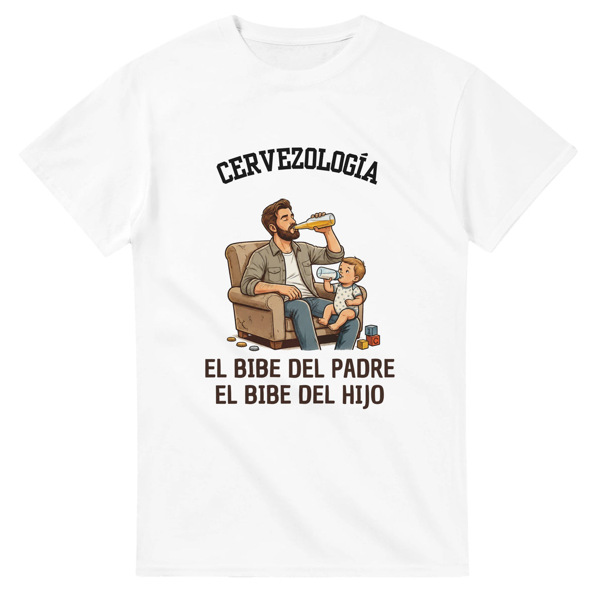 Camiseta blanca sobre fondo claro, diseño frontal de padre y bebé con biberón