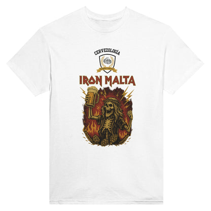 Camiseta blanca con estampado frontal IRON MALTA: león dorado y trazo naranja
