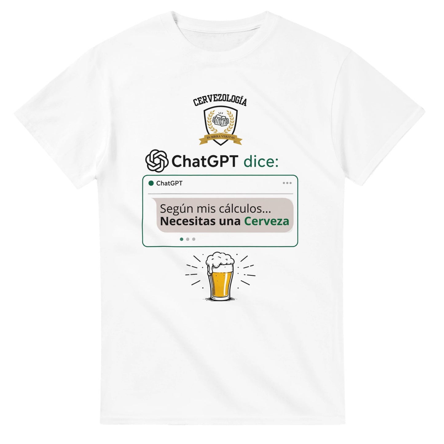 Camiseta blanca con estampado frontal detallado de ChatGPT dice y jarra de cerveza