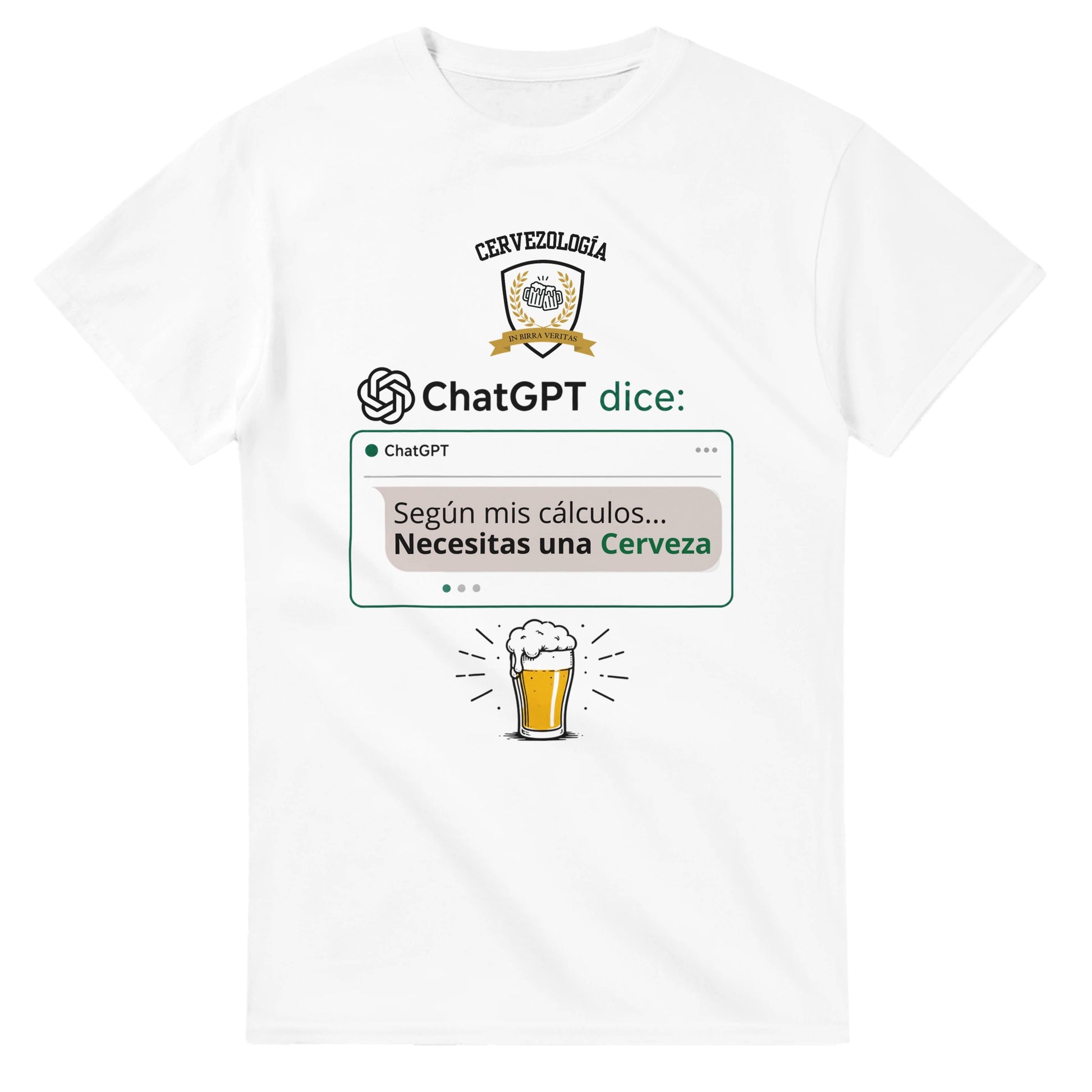 Camiseta blanca con estampado frontal detallado de ChatGPT dice y jarra de cerveza