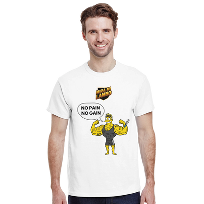 Camiseta blanca con «Mira mi Lambo» y «No pain no gain» con personaje amarillo