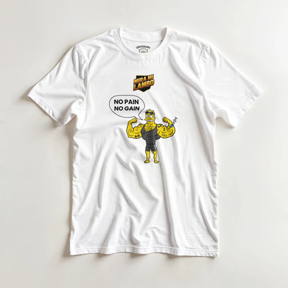 Camiseta blanca de manga corta con estampado «No pain no gain» centrado