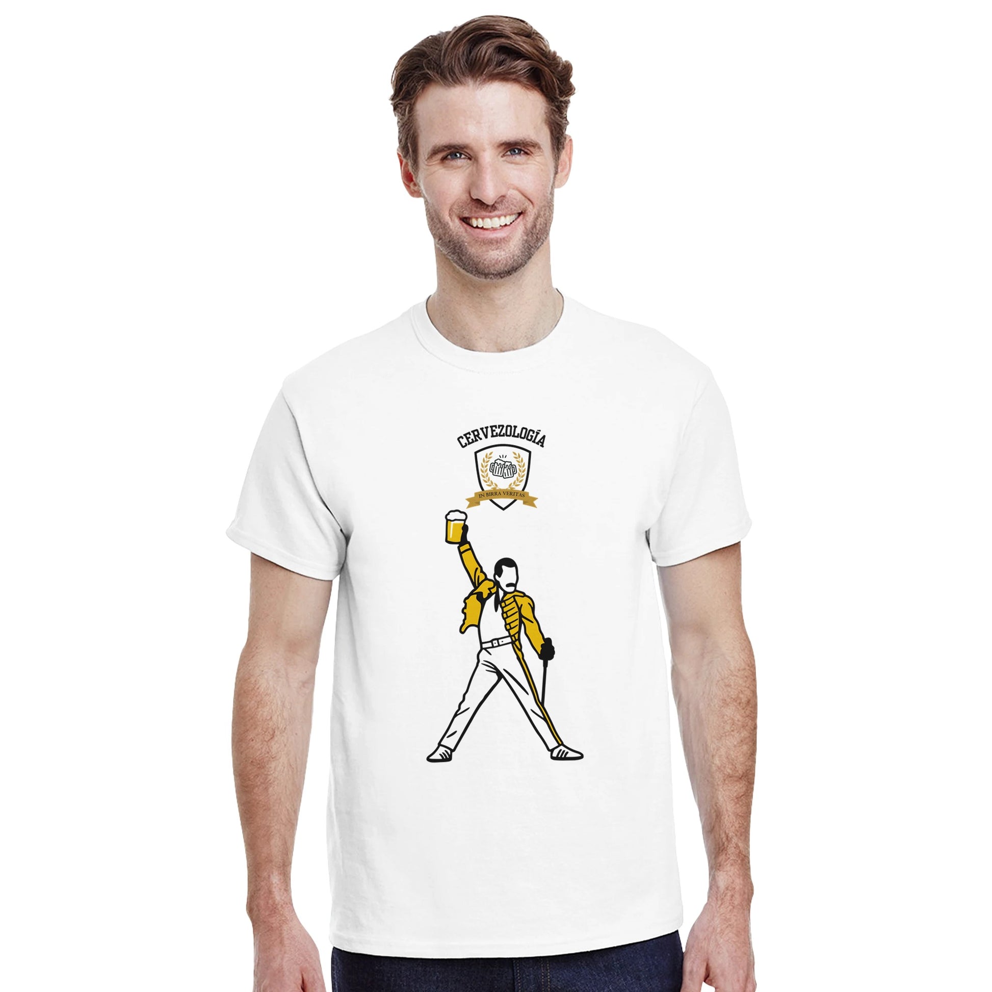 Camiseta blanca con estampado Beer & Rock del rockero con cerveza