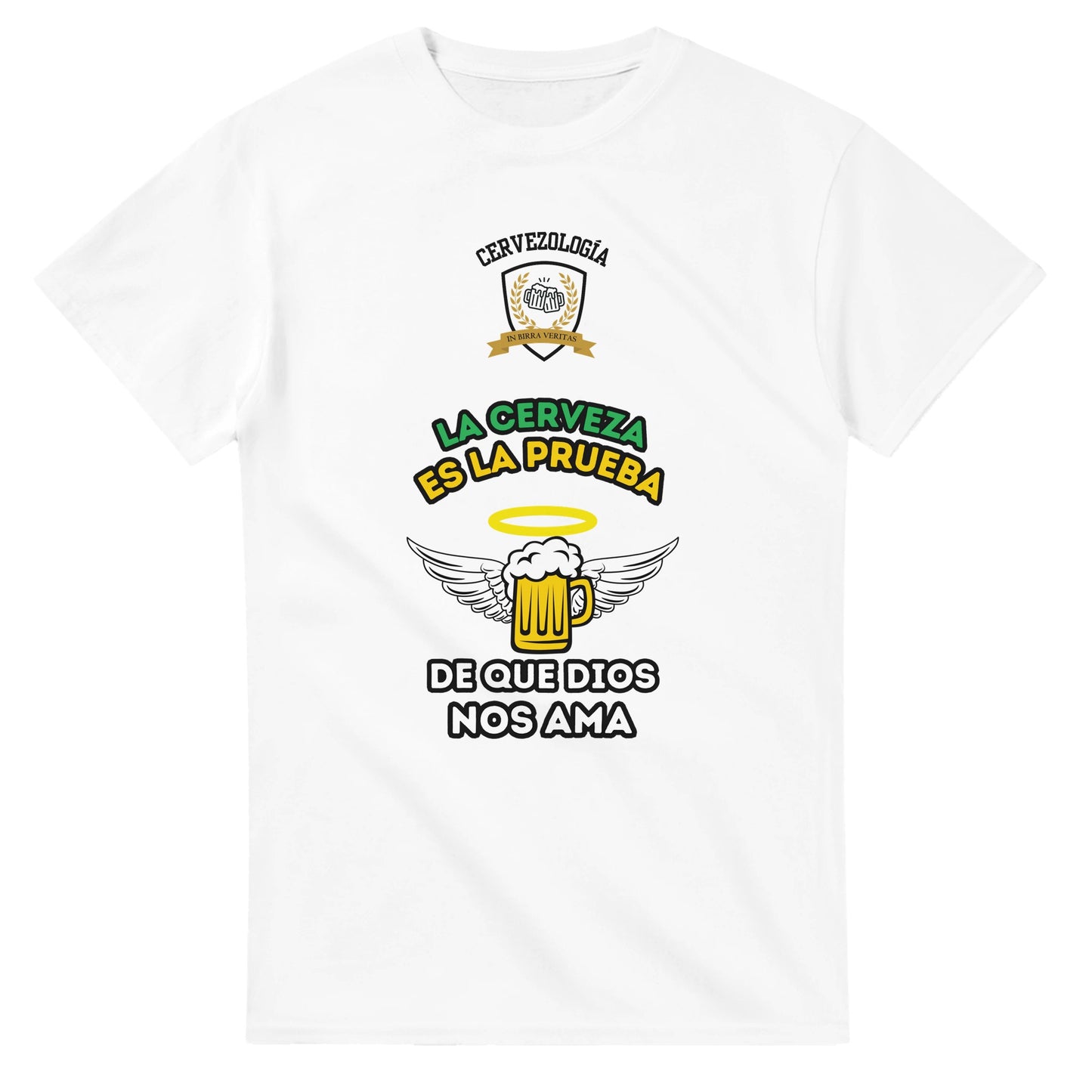 Camiseta blanca con diseño frontal de taza de cerveza con alas y texto "La cerveza es la prueba"
