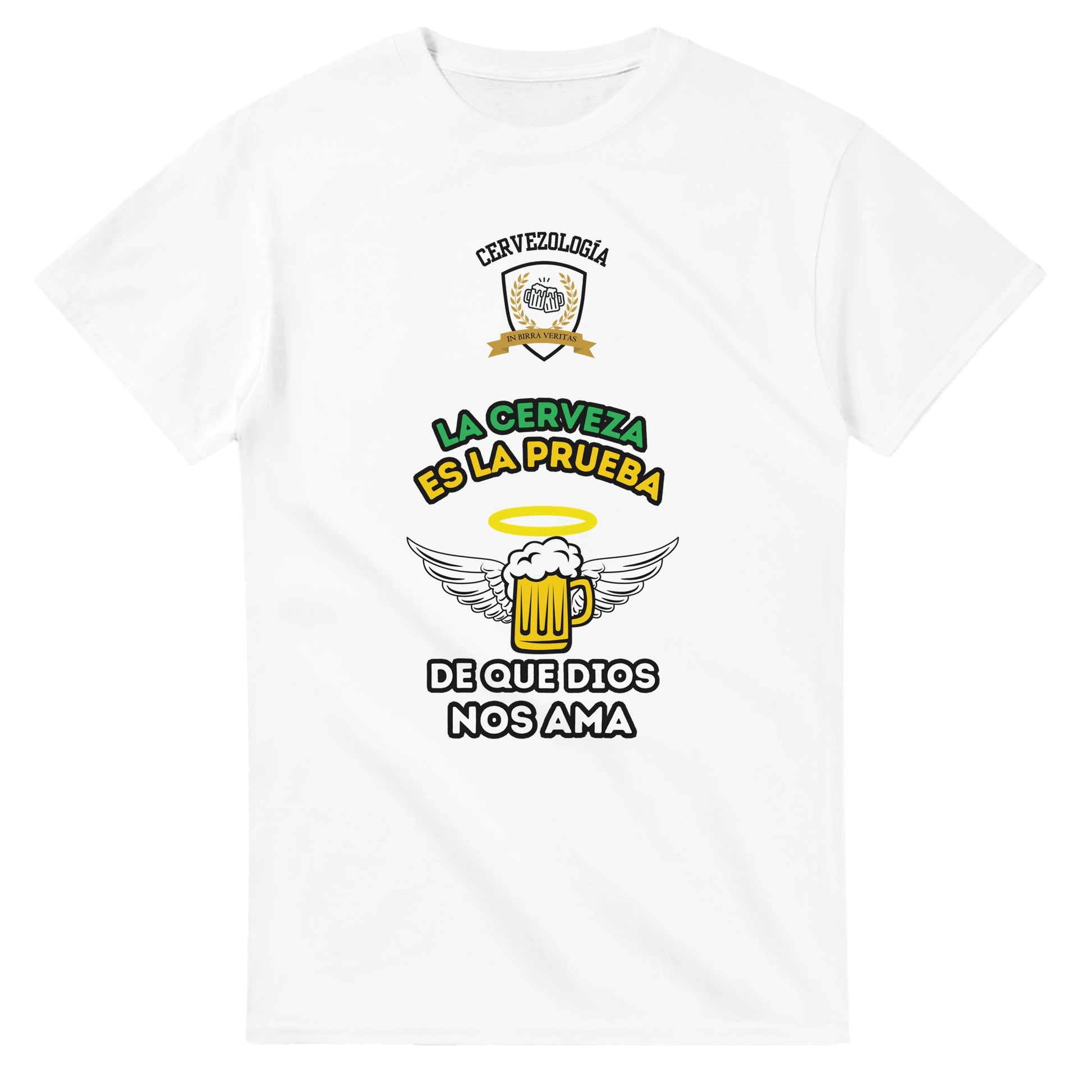 Camiseta blanca con diseño frontal de taza de cerveza con alas y texto "La cerveza es la prueba"