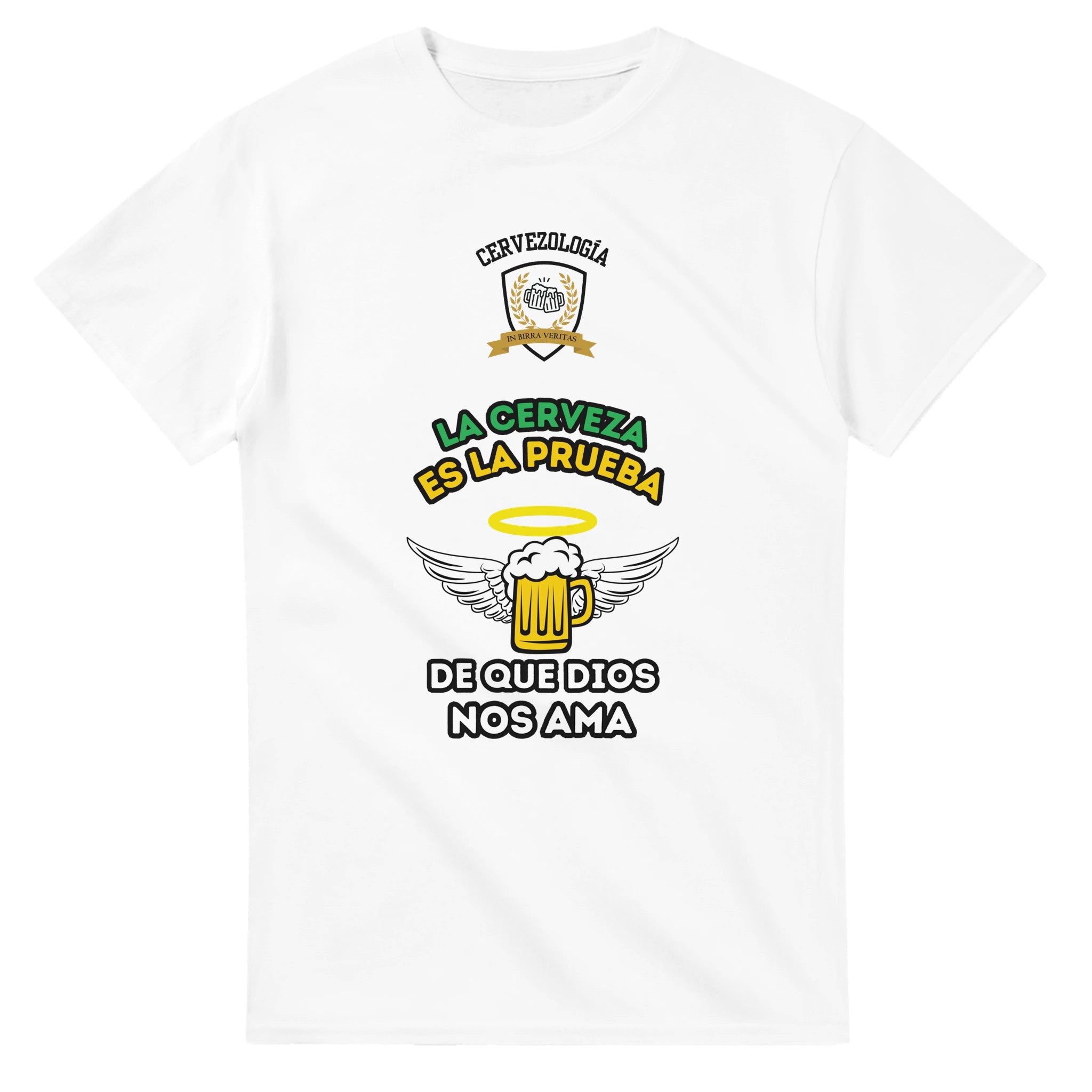 Camiseta blanca con diseño frontal de taza de cerveza con alas y texto "La cerveza es la prueba"