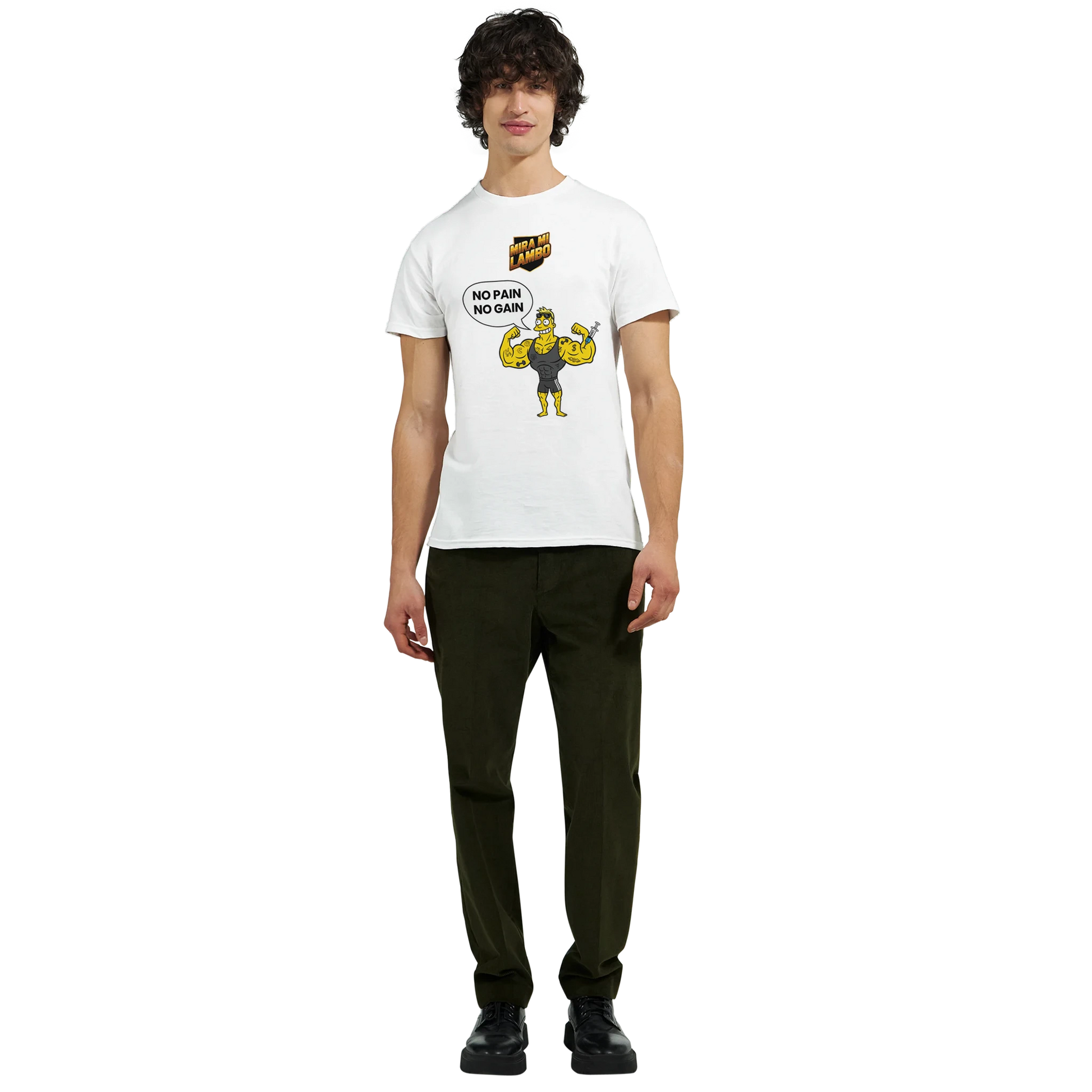 Camiseta blanca con estampado «No pain no gain» en el pecho
