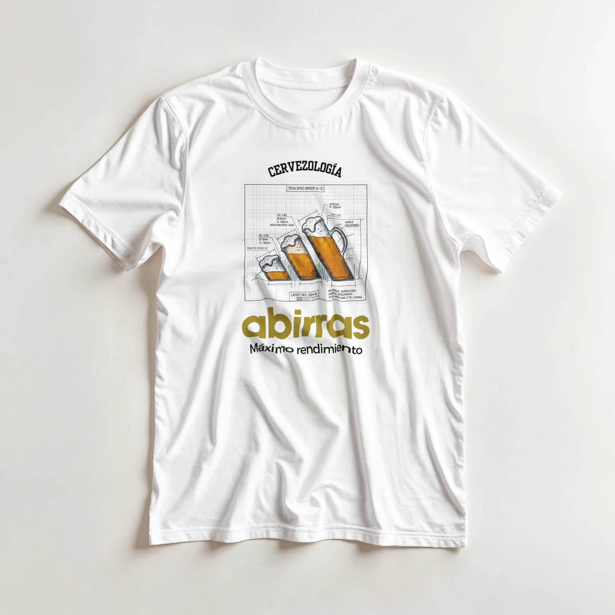 Camiseta Abirras blanca de manga corta con gráfico de cerveza y “Máximo rendimiento”
