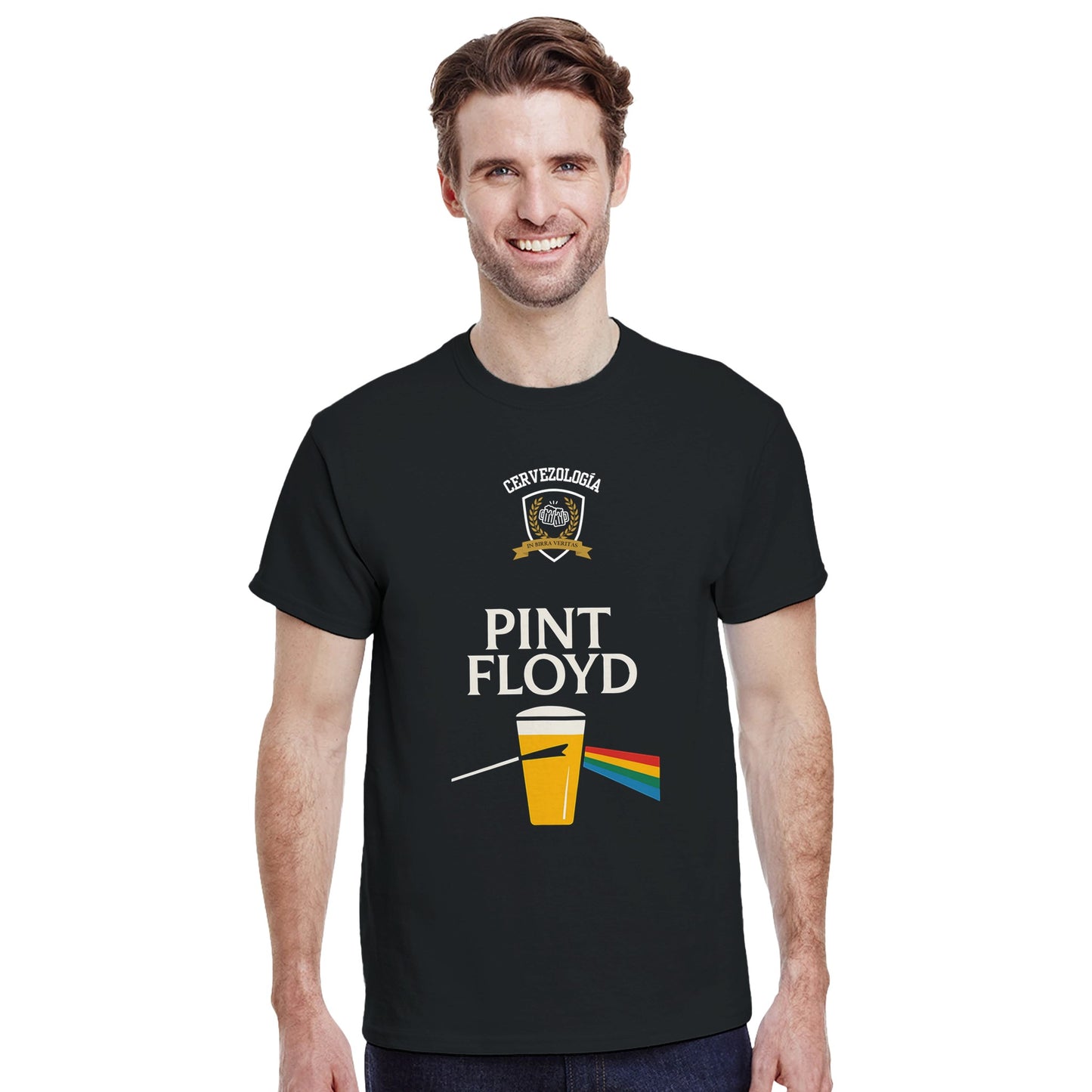 Camiseta negra de manga corta Pint Floyd con emblema y vaso multicolor