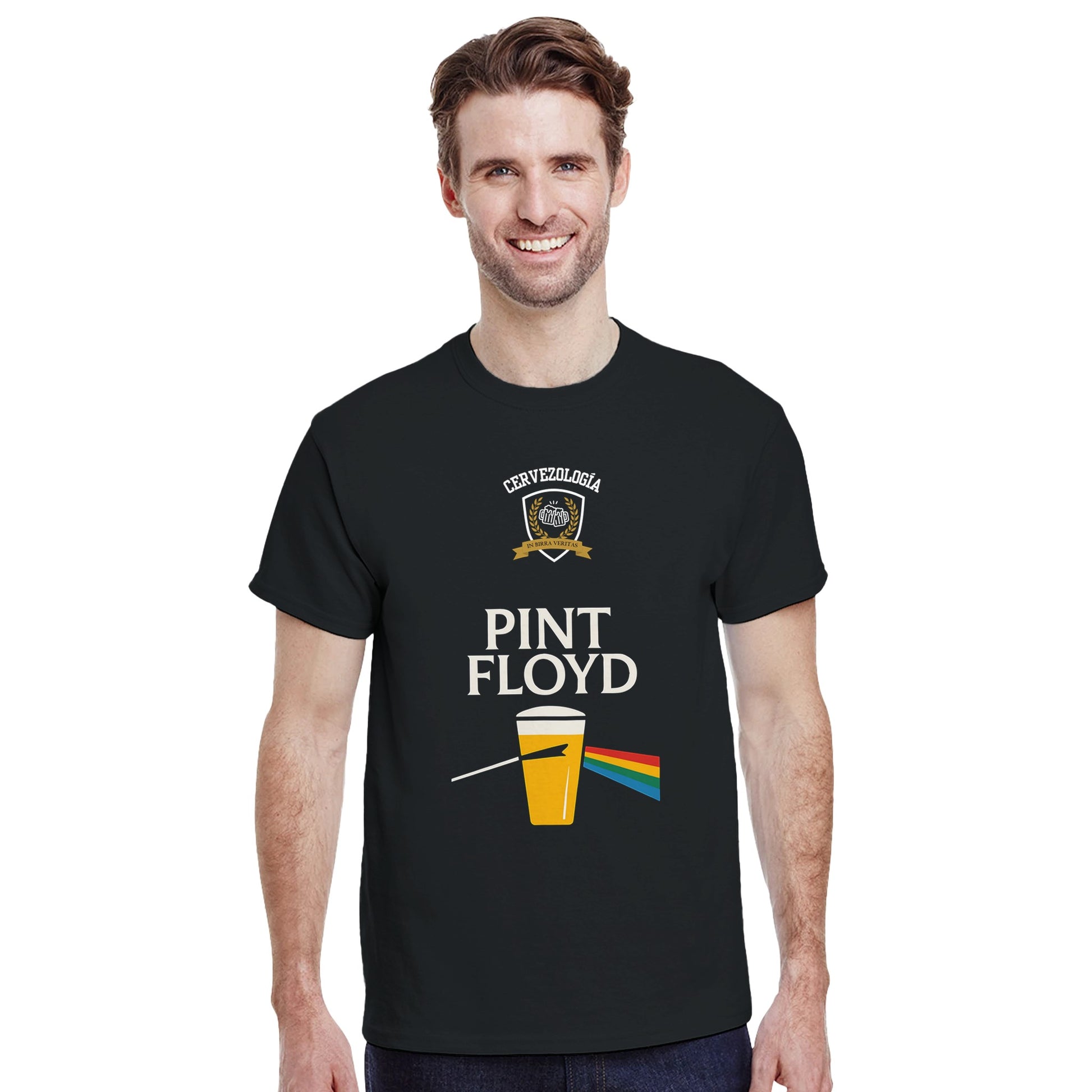 Camiseta negra de manga corta Pint Floyd con emblema y vaso multicolor