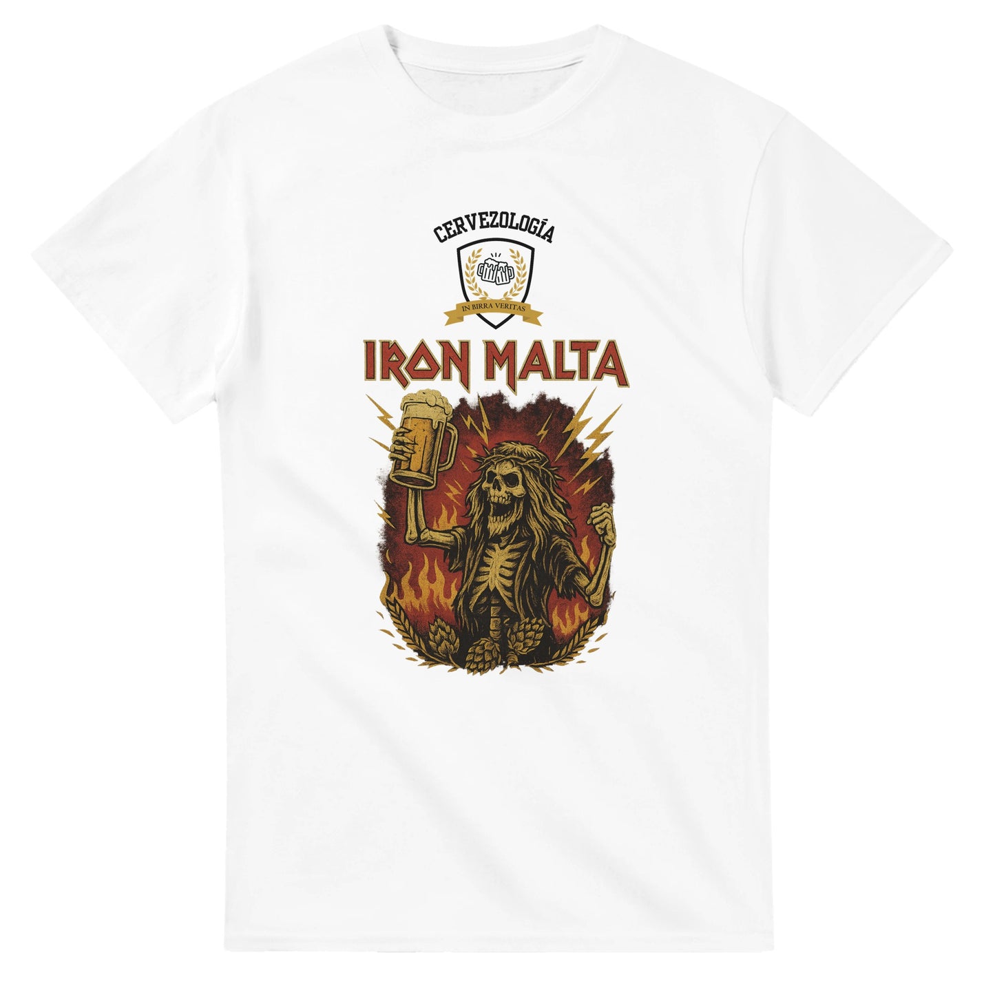 Camiseta blanca con estampado frontal de león y texto IRON MALTA, Cervezeología arriba