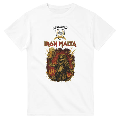 Camiseta blanca con estampado frontal de león y texto IRON MALTA, Cervezeología arriba