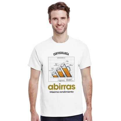 Camiseta Abirras blanca con estampado de cerveza en el pecho y “Máximo rendimiento”
