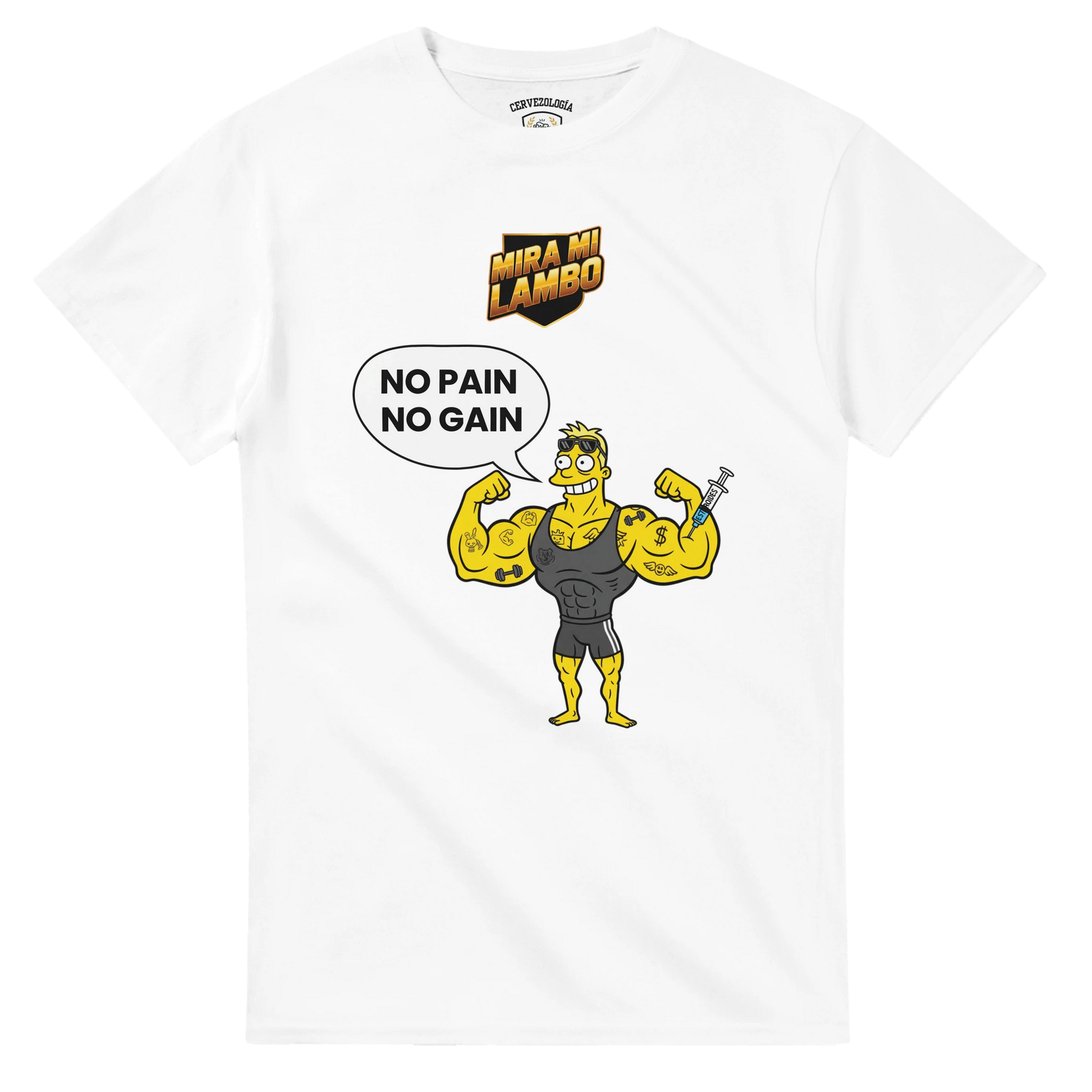 Camiseta blanca lisa con estampa «NO PAIN NO GAIN» en el pecho.