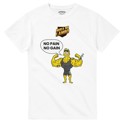 Camiseta blanca lisa con estampa «NO PAIN NO GAIN» en el pecho.