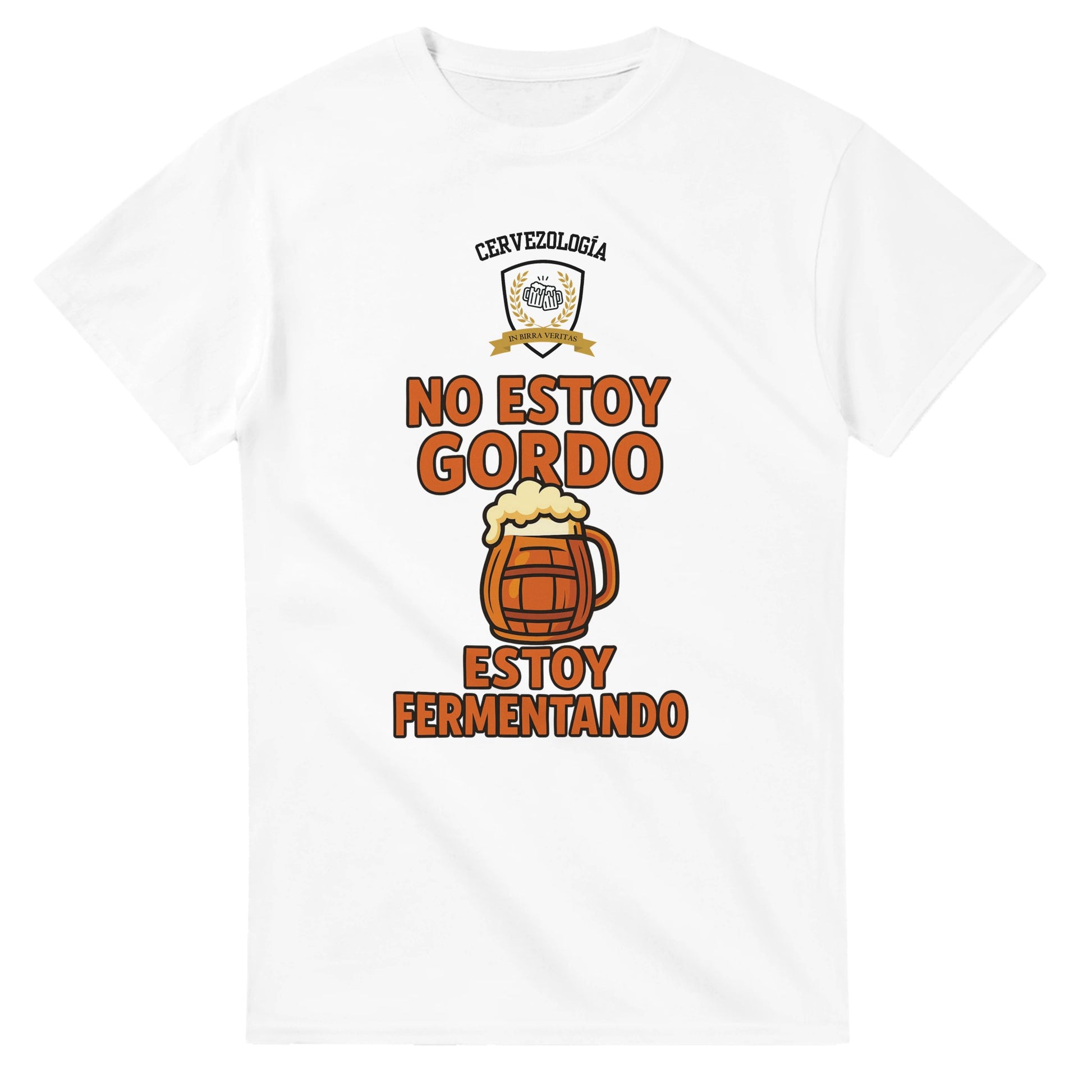 Camiseta blanca de manga corta con estampado vertical de cerveza y texto
