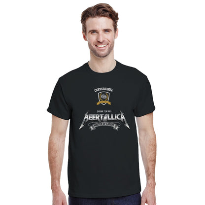 Camiseta negra de hombre con estampado Beertallica al pecho, manga corta.