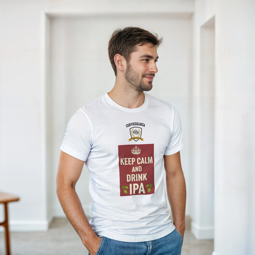 Camiseta blanca con estampa frontal “KEEP CALM AND DRINK IPA”, vista lateral