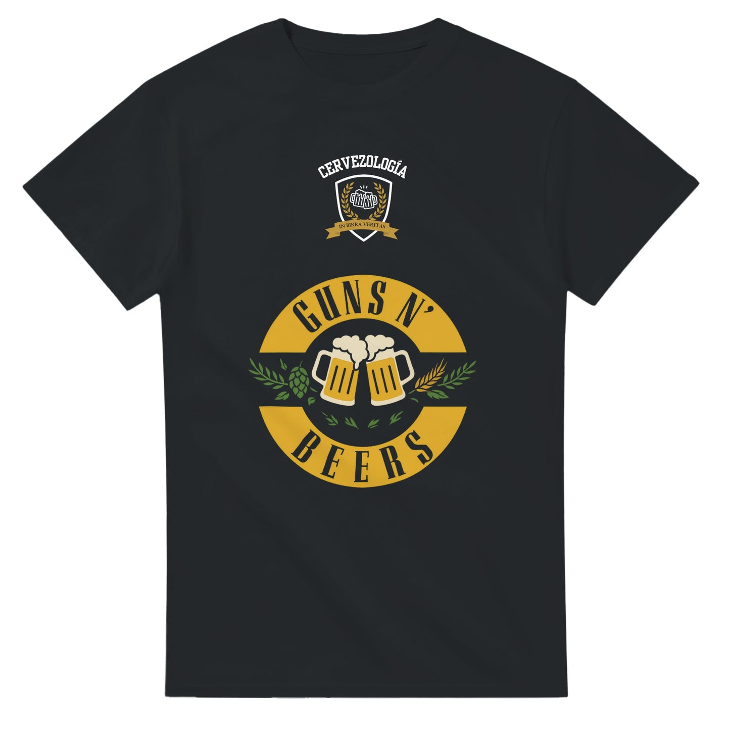 Camiseta negra con estampado central circular “GUNS N’ BEERS” y dos jarras