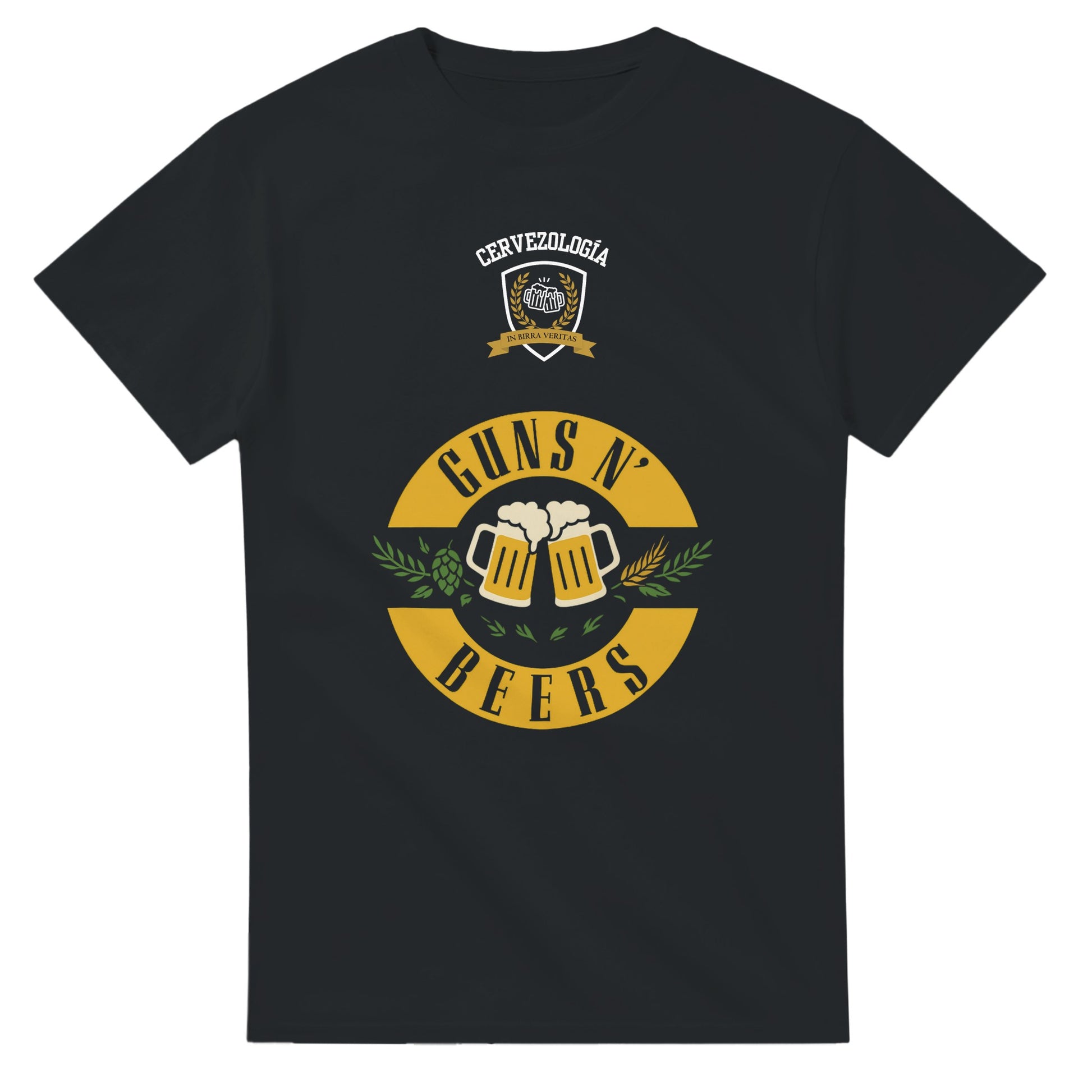Camiseta negra con estampado central circular “GUNS N’ BEERS” y dos jarras