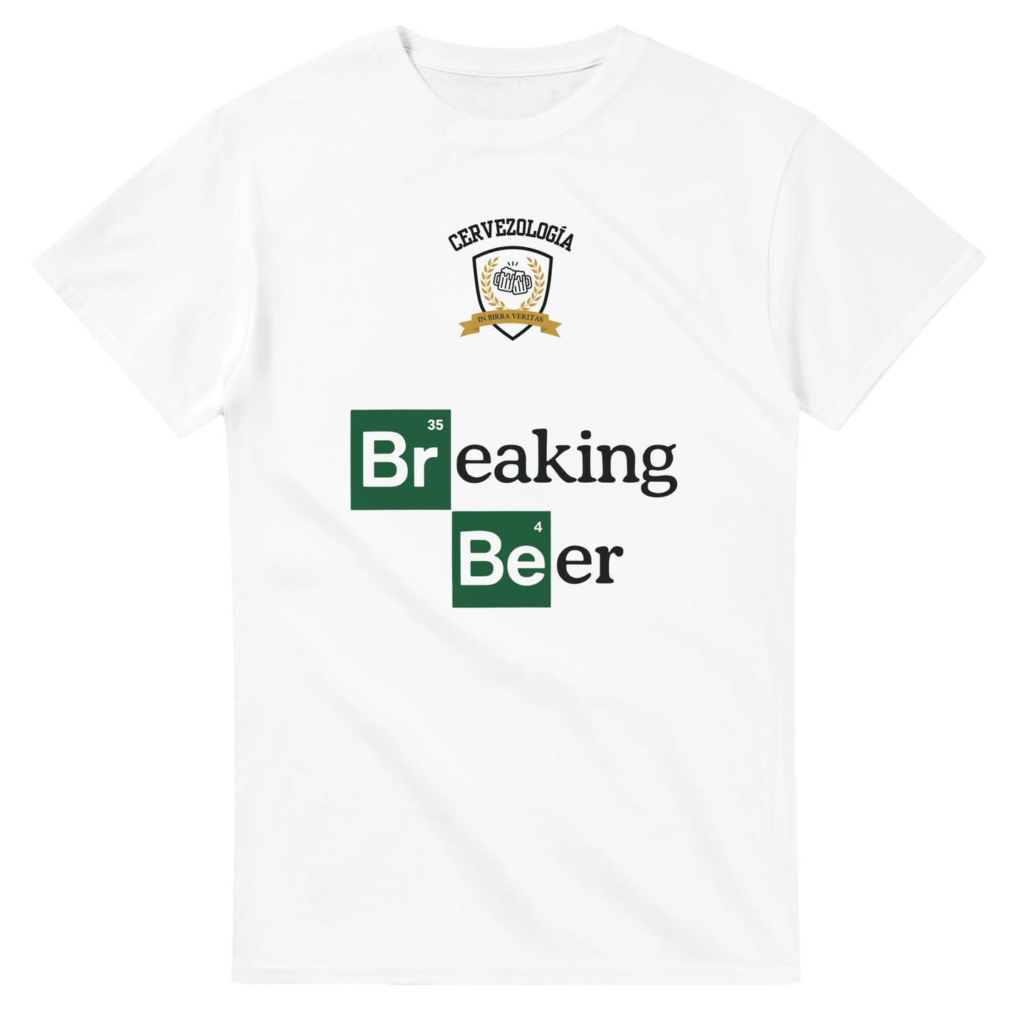 Camiseta blanca de algodón con estampado “Breaking Beer” en verde y letras grandes