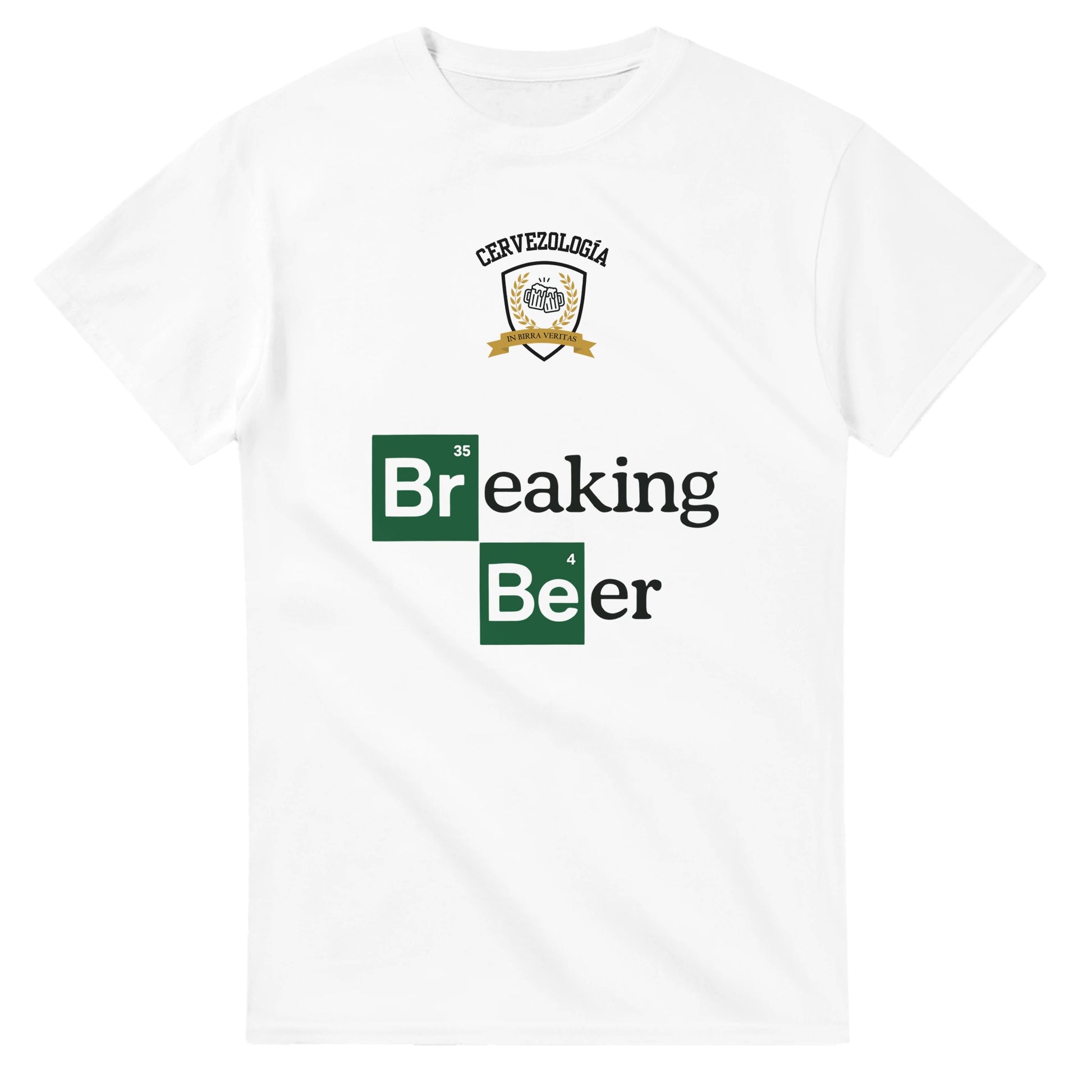 Camiseta blanca de algodón con estampado “Breaking Beer” en verde y letras grandes