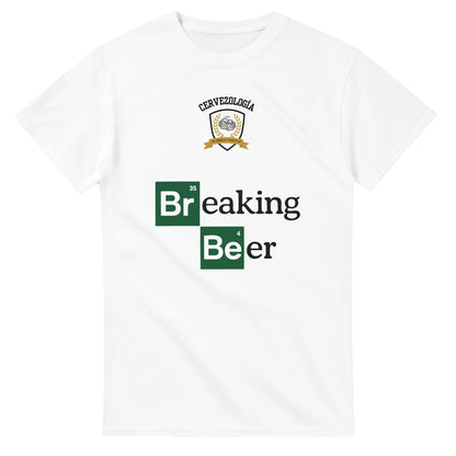 Camiseta blanca de algodón con estampado “Breaking Beer” en verde y letras grandes
