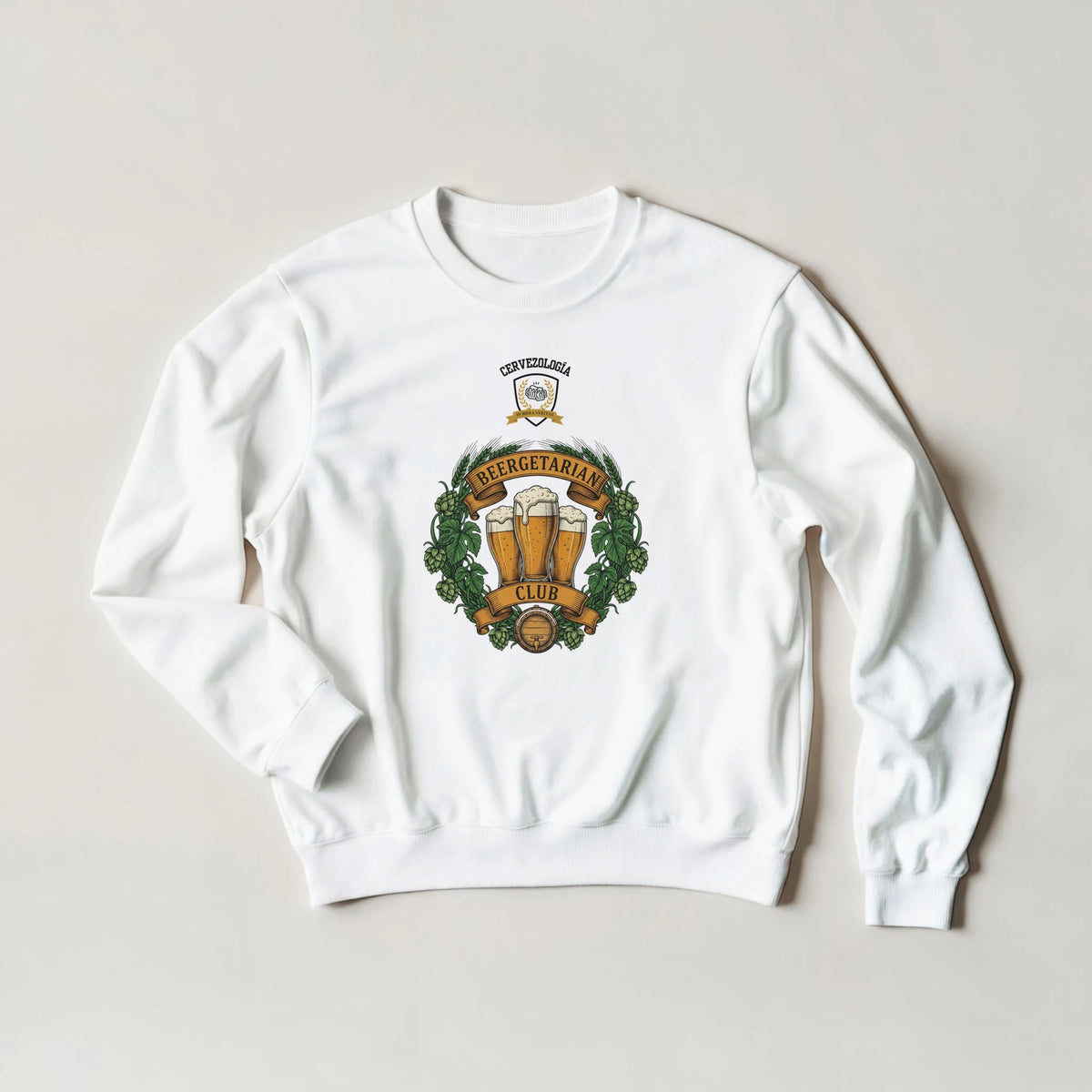 Sudadera blanca con estampado de jarra de cerveza y hojas, vista frontal