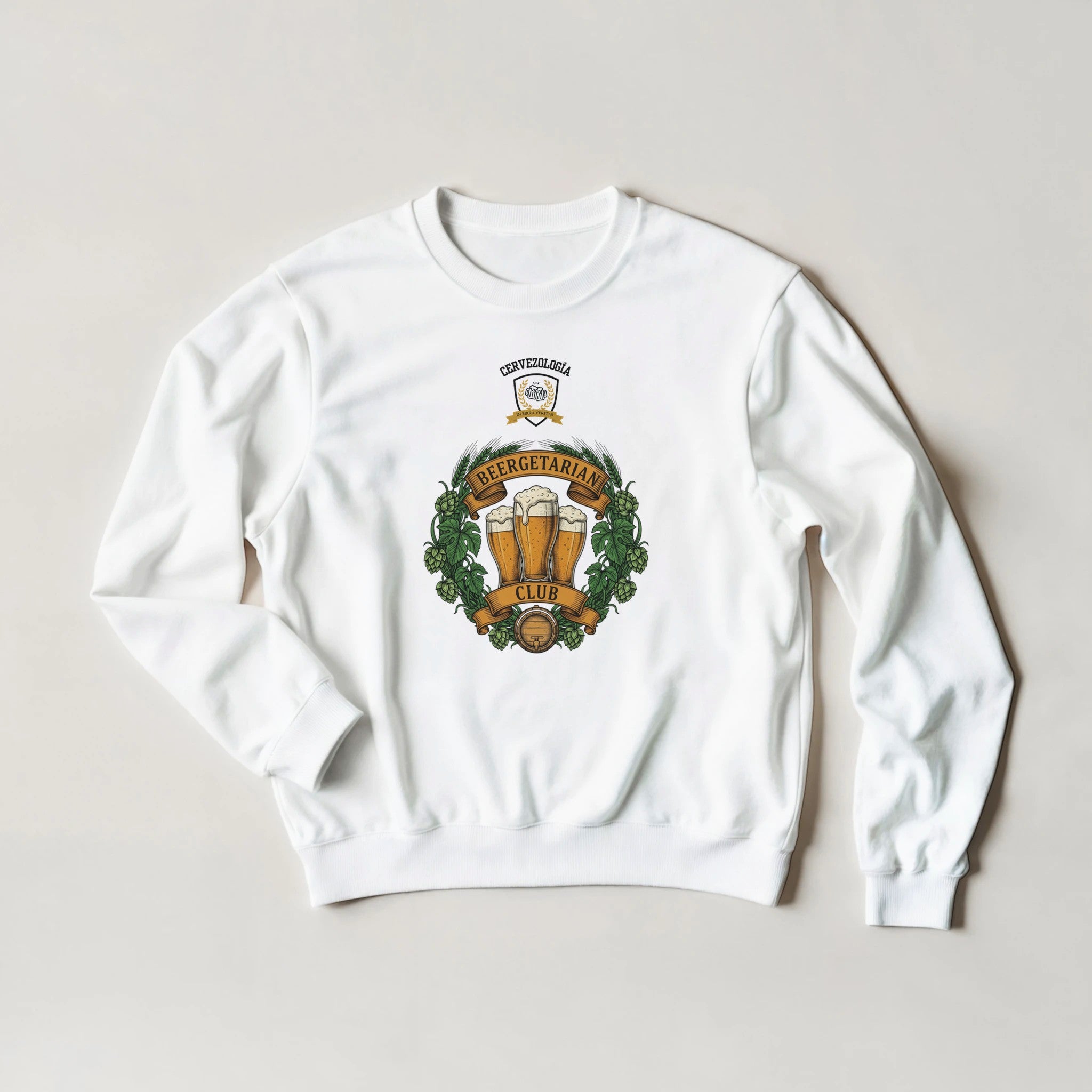Sudadera blanca con estampado de jarra de cerveza y hojas, vista frontal