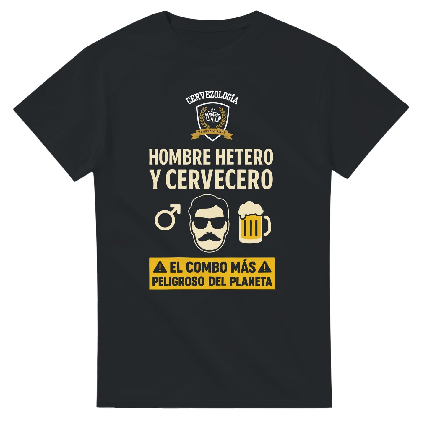 Camiseta negra con estampado central “HOMBRE HETERO Y CERVECERO” y vaso de cerveza.