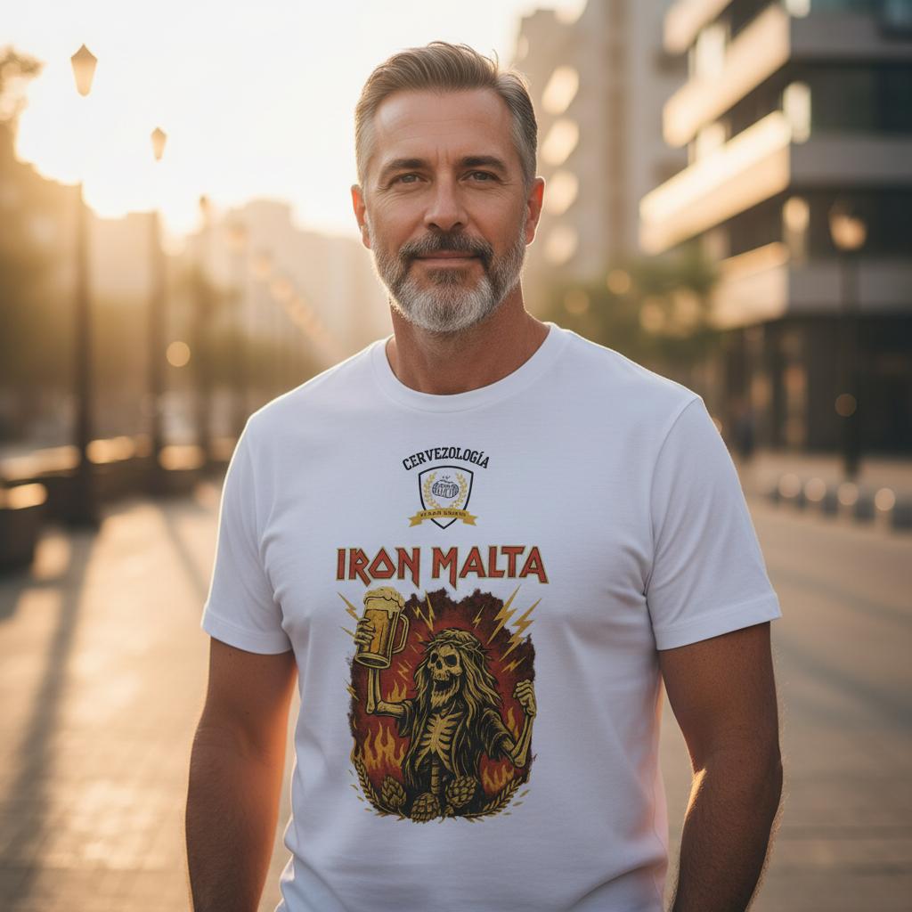Camiseta blanca con estampado IRON MALTA y león, hombre con vista frontal