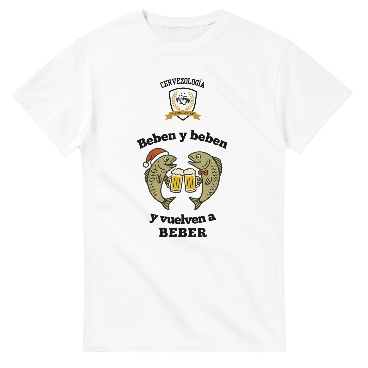 Camiseta blanca de algodón con estampado cervecero y texto «Beben y beben»