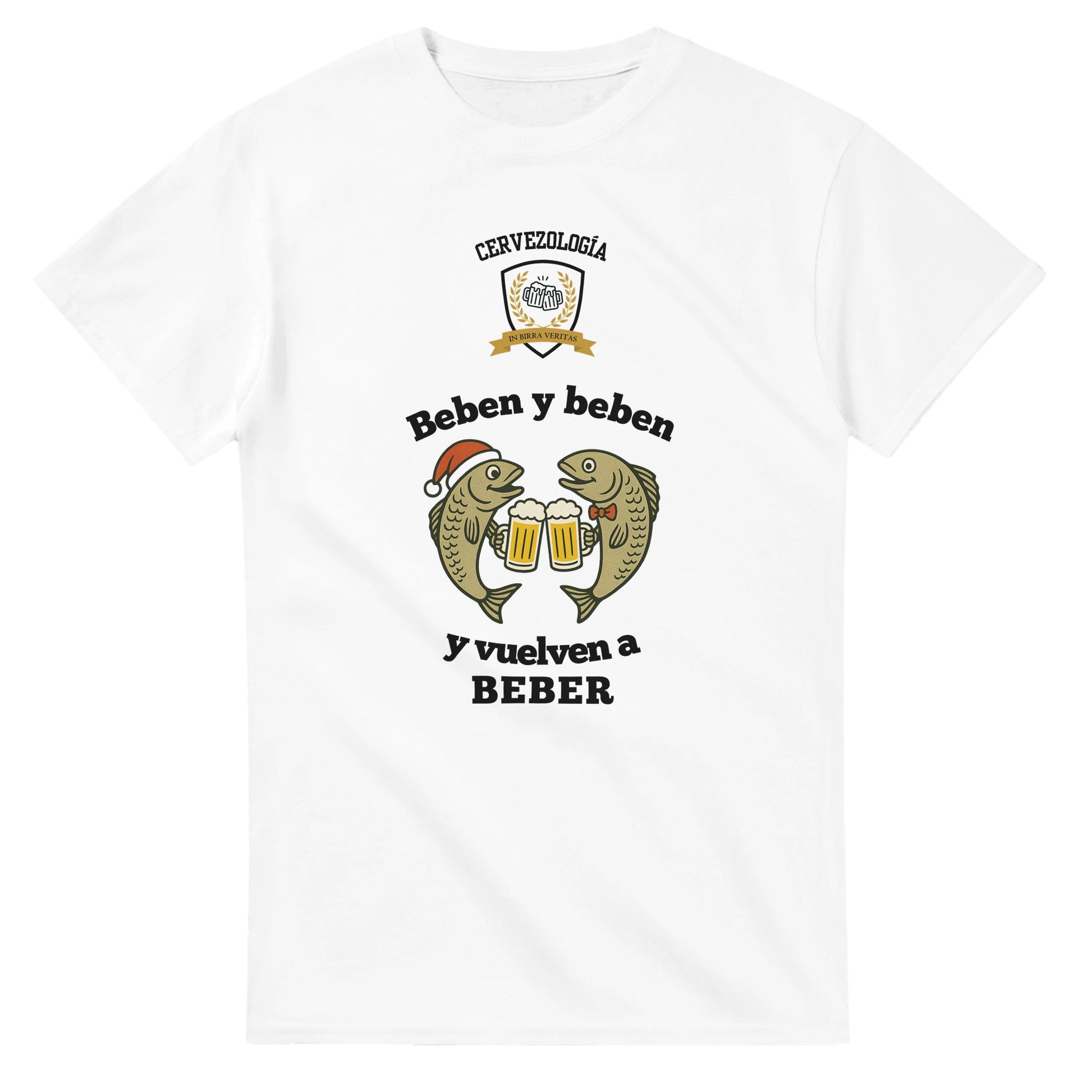 Camiseta blanca de algodón con estampado cervecero y texto «Beben y beben»