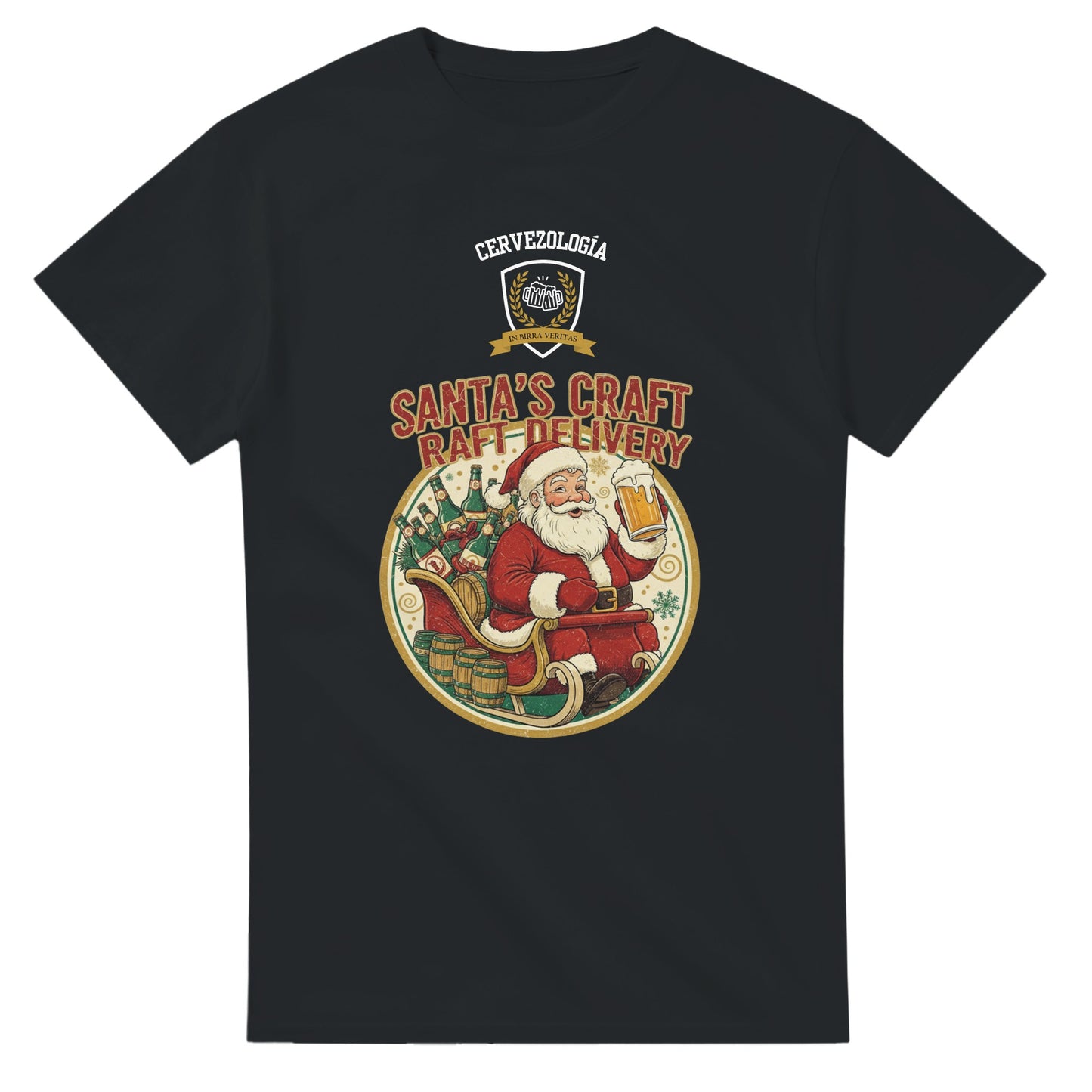 Camiseta negra de manga corta con estampado frontal de Santa y cerveza