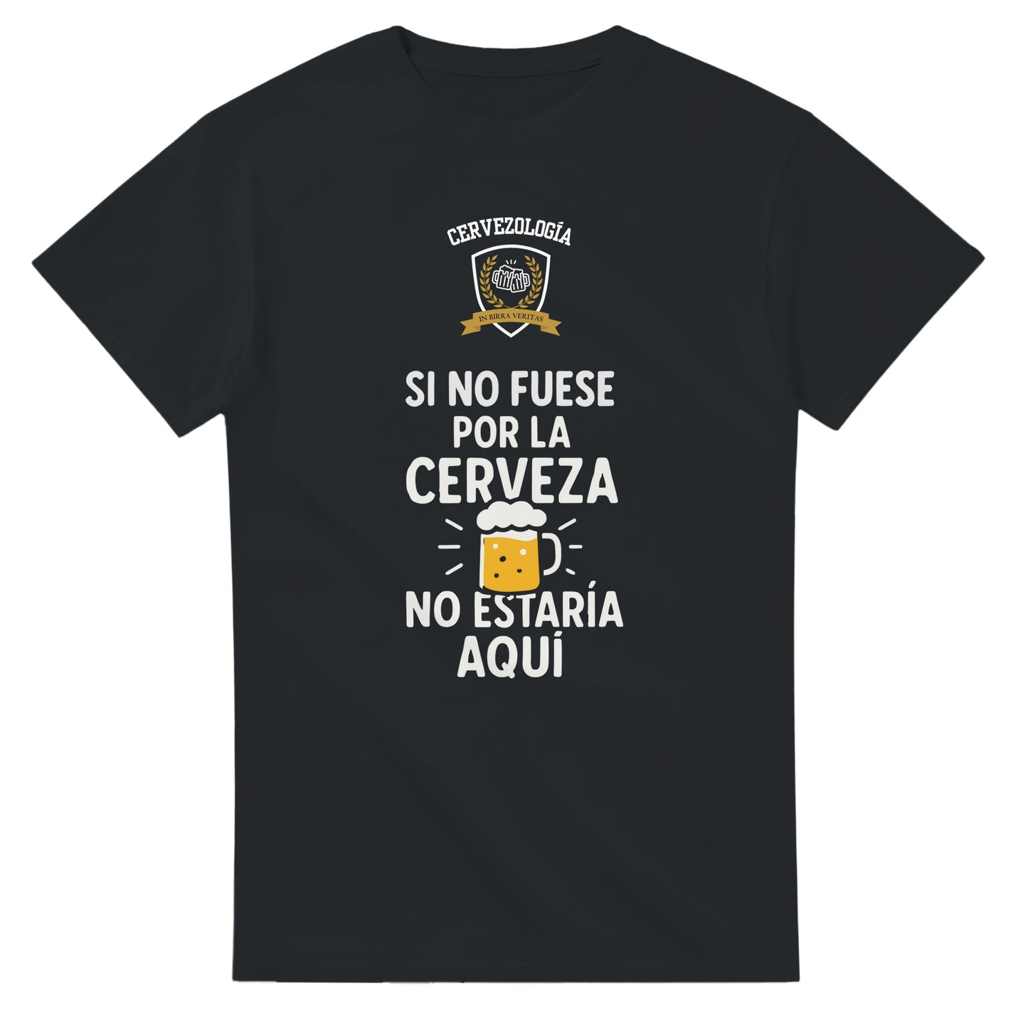 Camiseta negra lisa con estampado cervecero en el centro del pecho