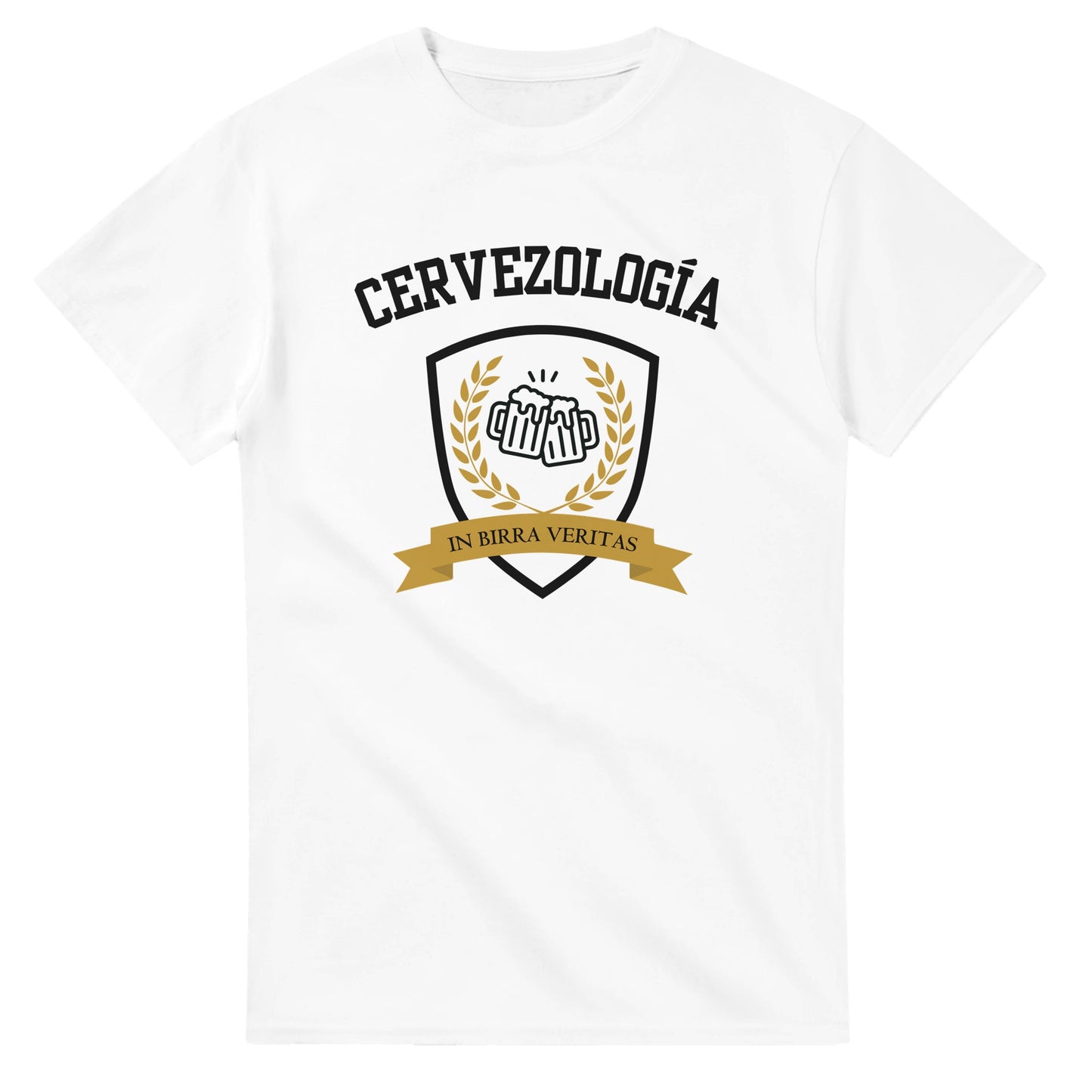 Camiseta blanca con estampa Cervezología™ frontal en escudo y cinta amarilla