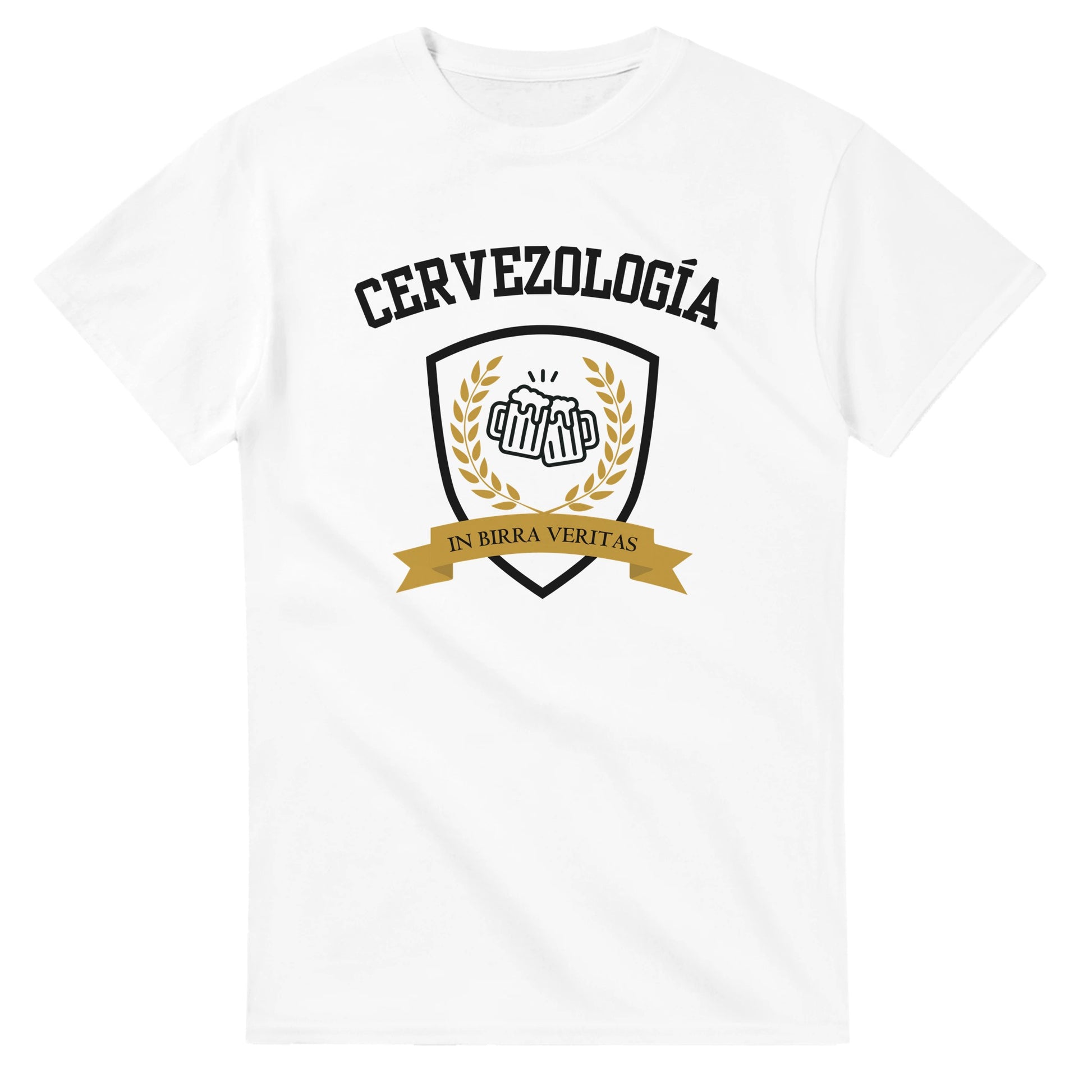 Camiseta blanca con estampa Cervezología™ frontal en escudo y cinta amarilla