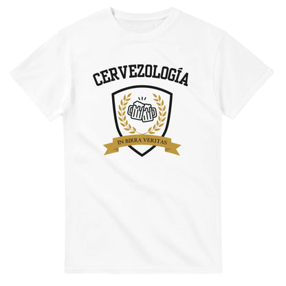 Camiseta blanca con estampa Cervezología™ frontal en escudo y cinta amarilla