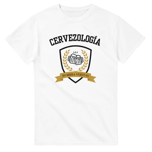 Camiseta blanca con estampa Cervezología™ frontal en escudo y cinta amarilla