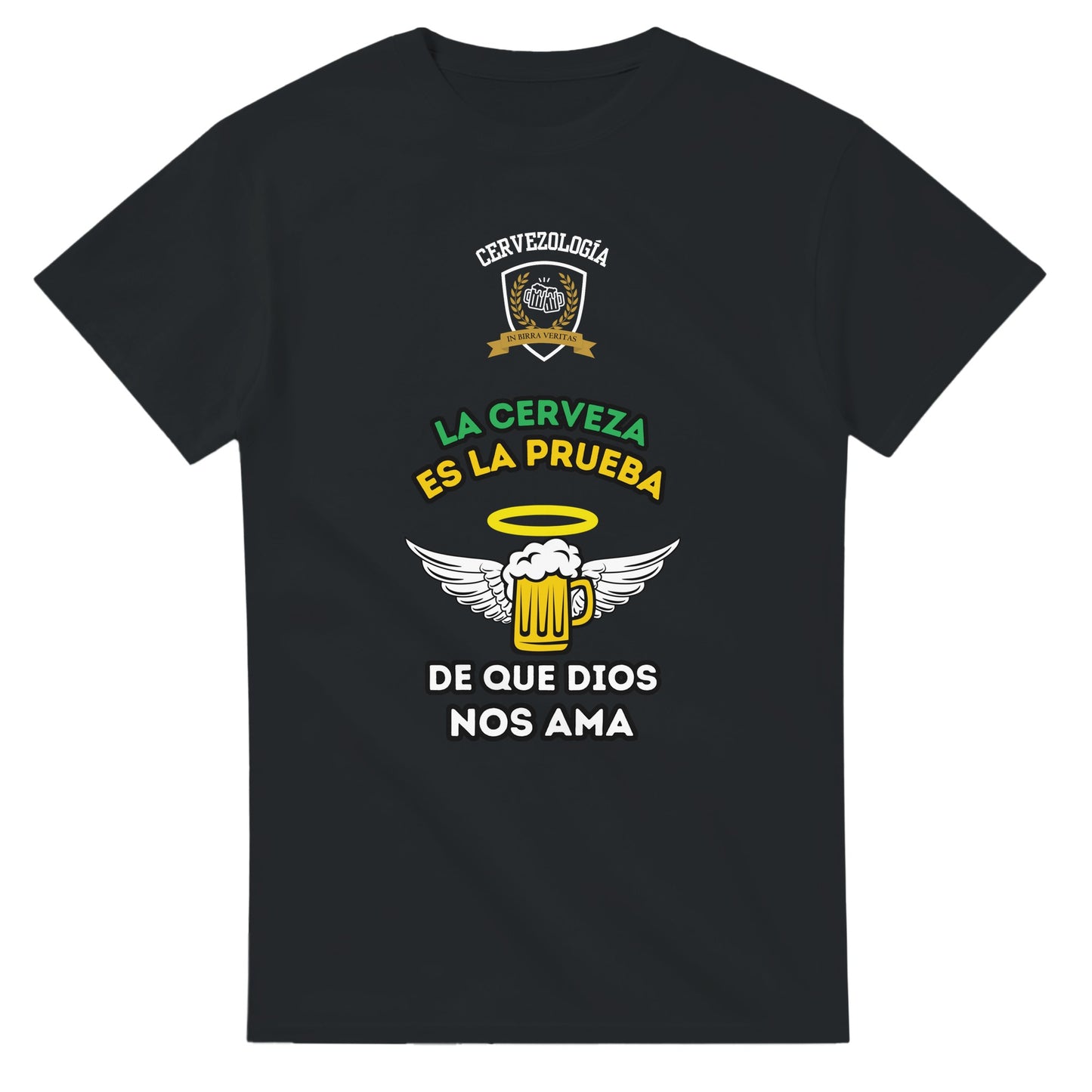 Camiseta negra con estampado frontal de taza de cerveza y alas, texto "De que Dios nos ama"