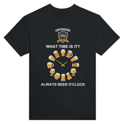 Camiseta negra con estampado de cervezas y frase “ALWAYS BEER O’CLOCK”